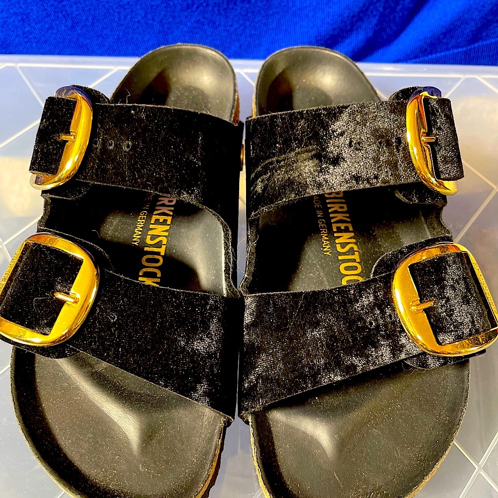 Birkenstock Black Velvet Sandals with Gold Buckles